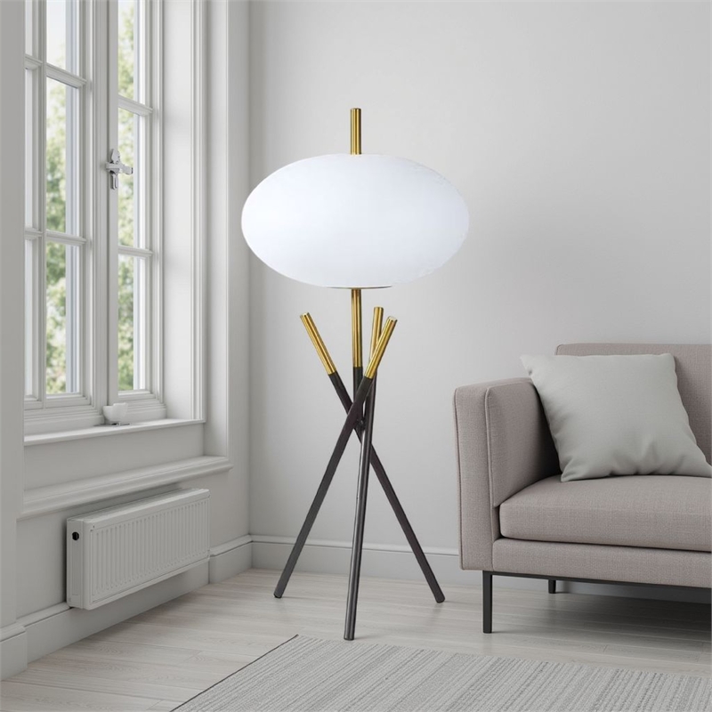 Azy Table Lamp- Frosted White Shade- Tripod Base- Black Gold- 30 Inch