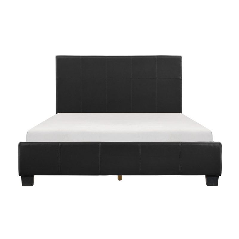 Renz Queen Size Platform Bed- Black Faux Leather Upholstery- Wood Frame