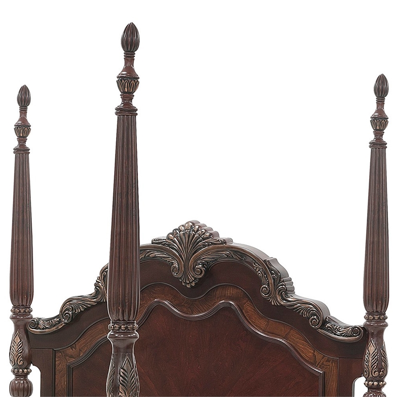 Park Queen Size Poster Bed with Shell Motifs and Burl Inlays- Brown Veneer