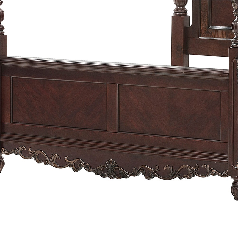 Park Queen Size Poster Bed with Shell Motifs and Burl Inlays- Brown Veneer