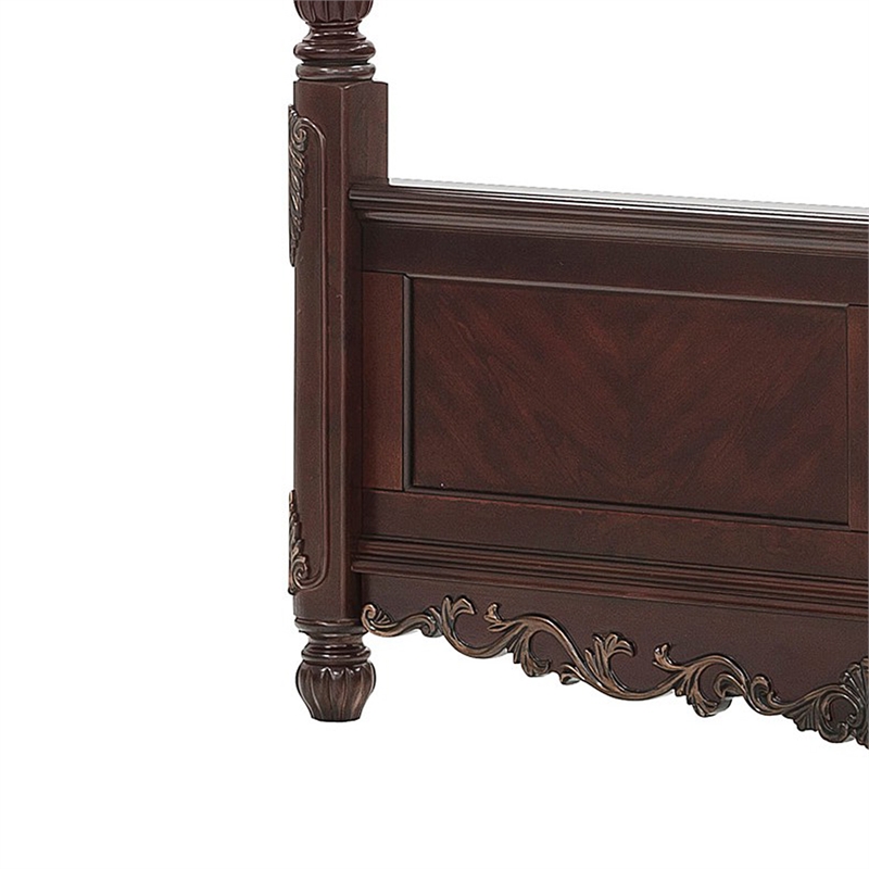 Park Queen Size Poster Bed with Shell Motifs and Burl Inlays- Brown Veneer