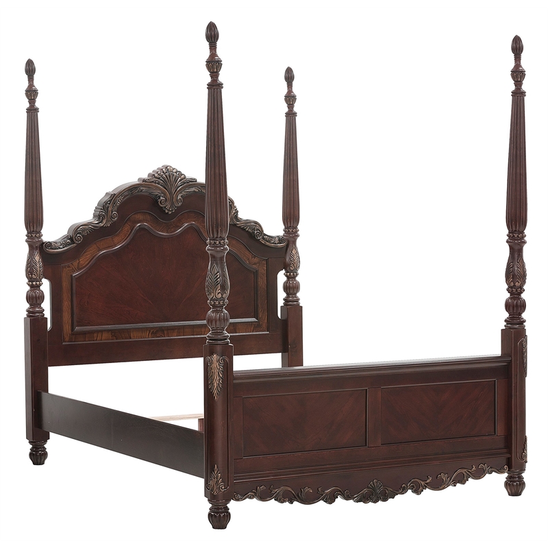 Park Queen Size Poster Bed with Shell Motifs and Burl Inlays- Brown Veneer