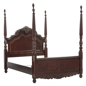 Park Queen Size Poster Bed with Shell Motifs and Burl Inlays- Brown Veneer