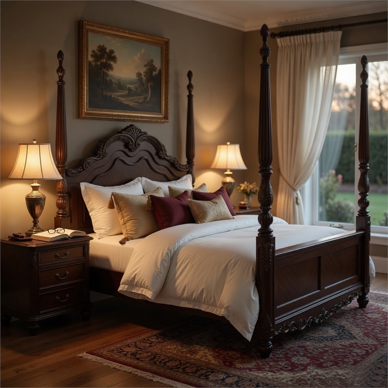 Park Queen Size Poster Bed with Shell Motifs and Burl Inlays- Brown Veneer