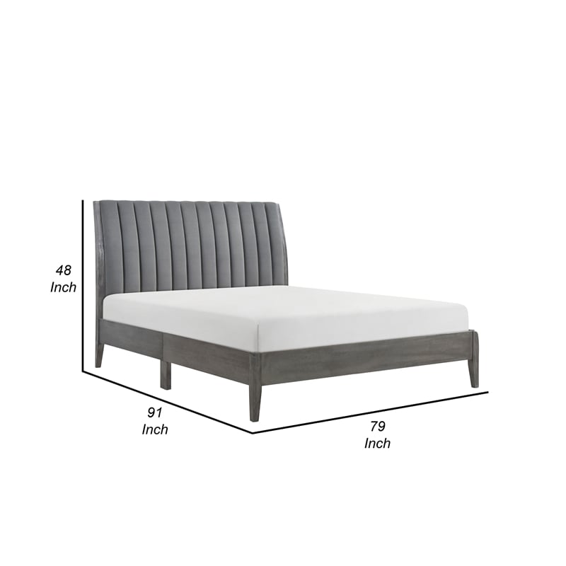 Ryla King Size Platform Bed- Gray Tufted Velvet Upholstered Panel Headboard