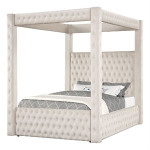 Beli Queen Size Canopy Bed- Tufted Design- Ivory Velvet Upholstery
