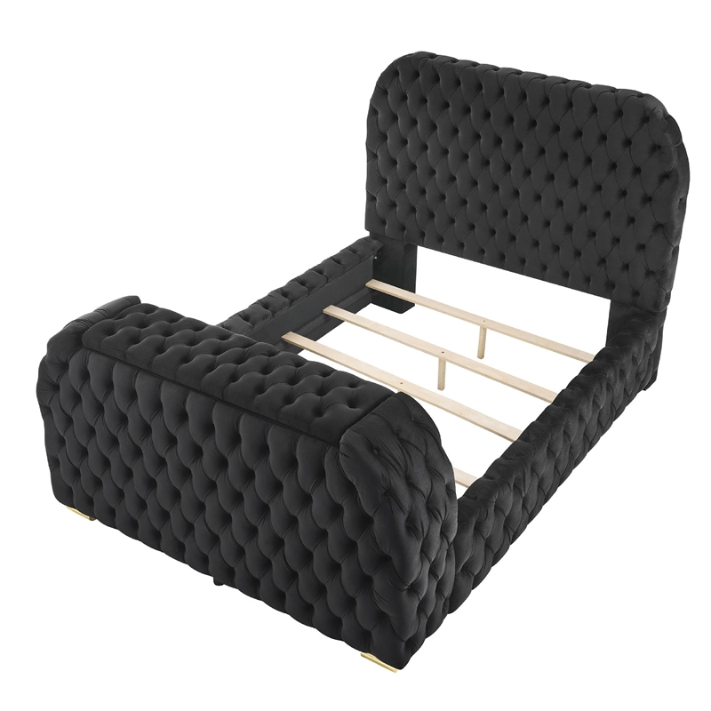Kery King Bed w Lift TV Stand- LED Fireplace- Black Velvet Upholstery