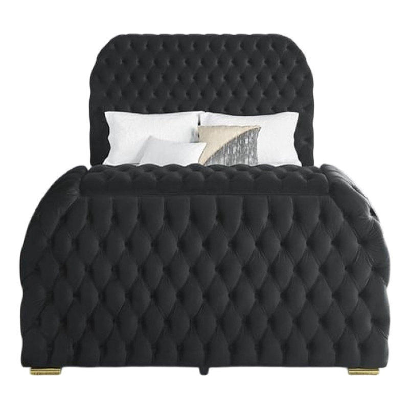 Kery King Bed w Lift TV Stand- LED Fireplace- Black Velvet Upholstery