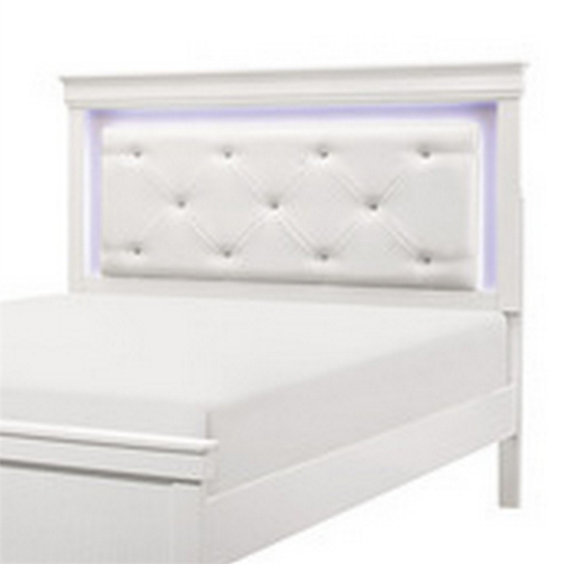Teich Queen Bed- LED- Crystal Tufted Faux Leather Upholstery- White Wood