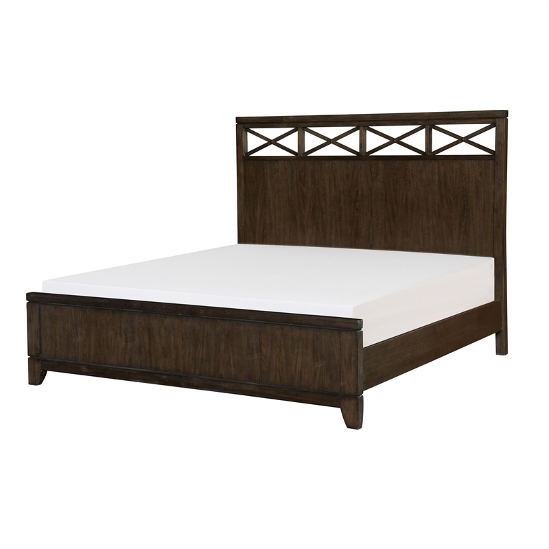 Gia Queen Bed- X Shaped Panel Accents on The Headboard- Dark Brown Wood