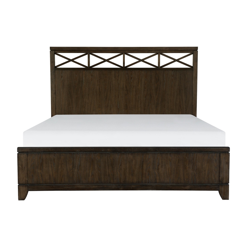 Gia Queen Bed- X Shaped Panel Accents on The Headboard- Dark Brown Wood