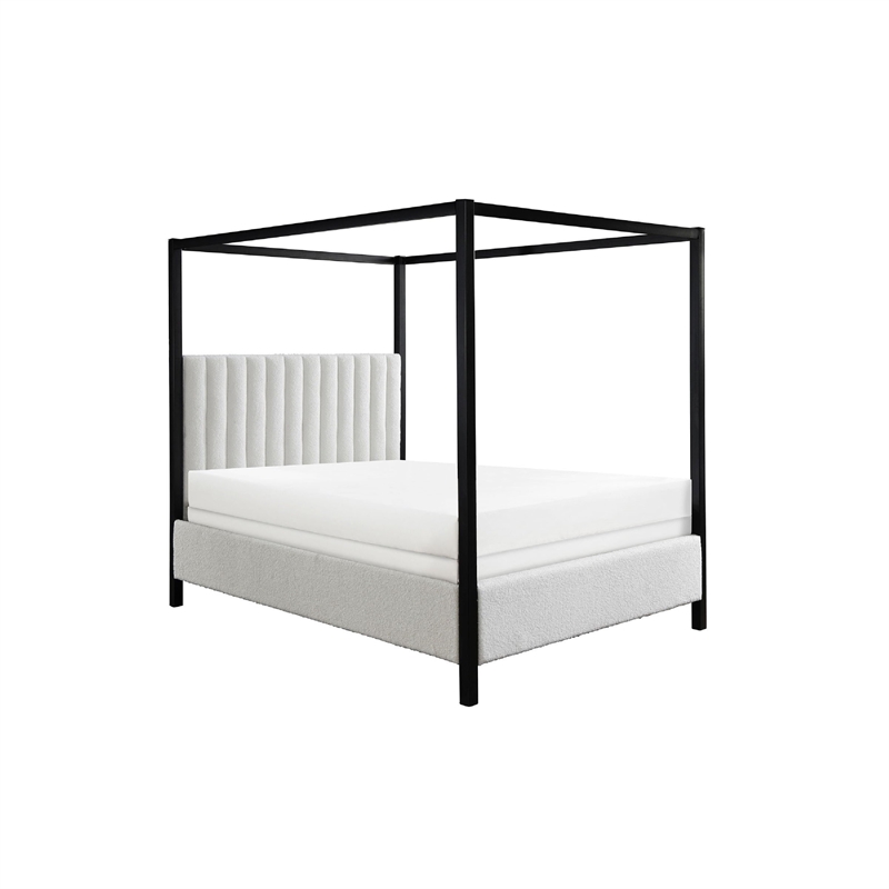 Gena King Canopy Bed- Channel Tufted White Boucle Upholstery- Black