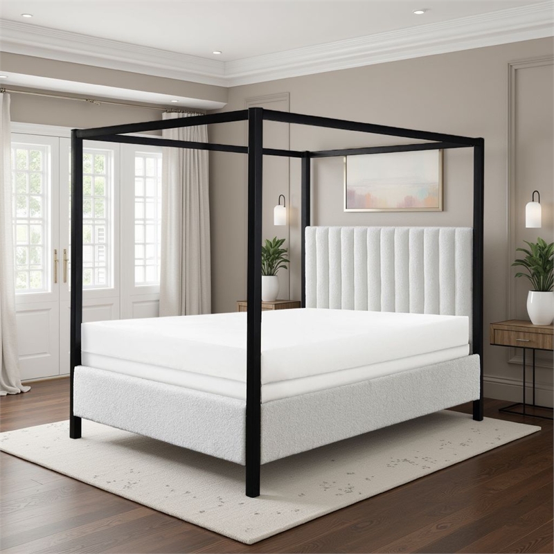 Gena King Canopy Bed- Channel Tufted White Boucle Upholstery- Black