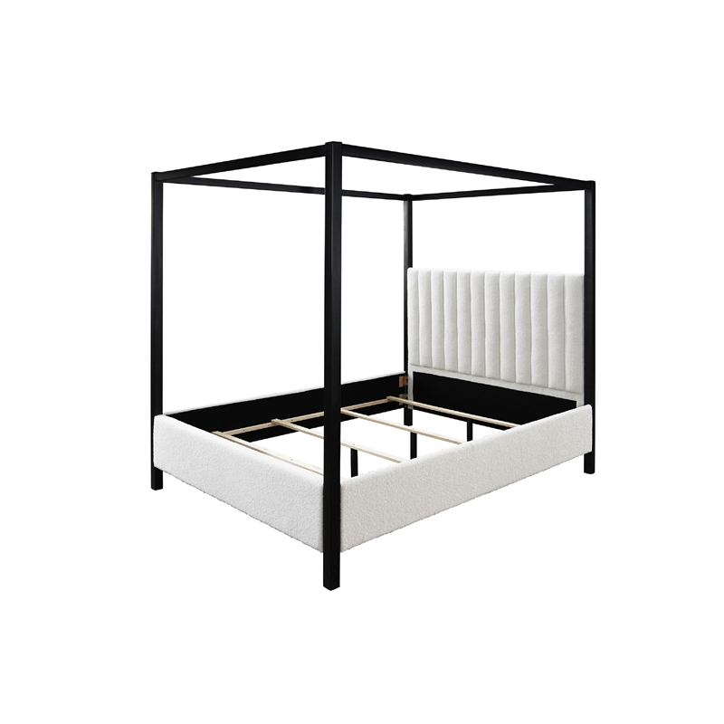 Gena King Canopy Bed- Channel Tufted White Boucle Upholstery- Black