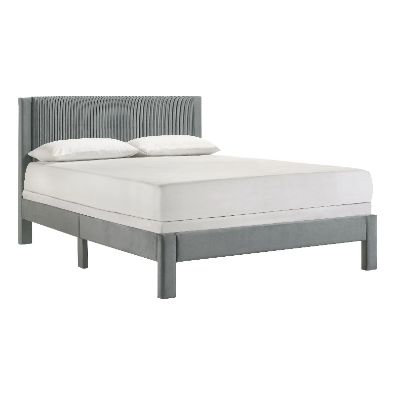Cery Full Size Platform Bed- Light Gray Upholstery- Textured Headboard