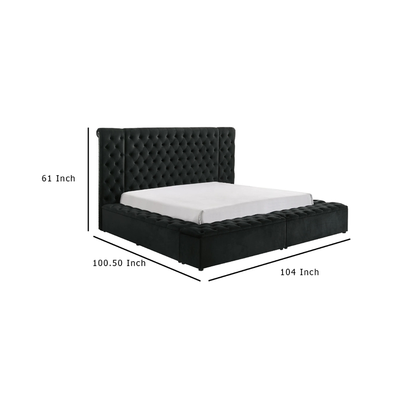 Heri King Bed w Side Storage- Chesterfield Black Velvet Upholstery