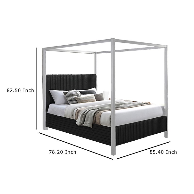 Keri King Size Canopy Bed- White Slatted Wood Frame- Black Upholstery