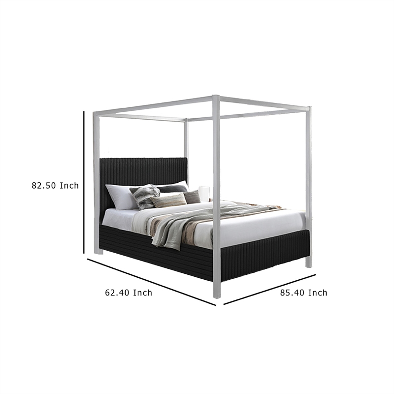 Keri Queen Canopy Bed- White Slatted Wood Frame- Black Upholstery