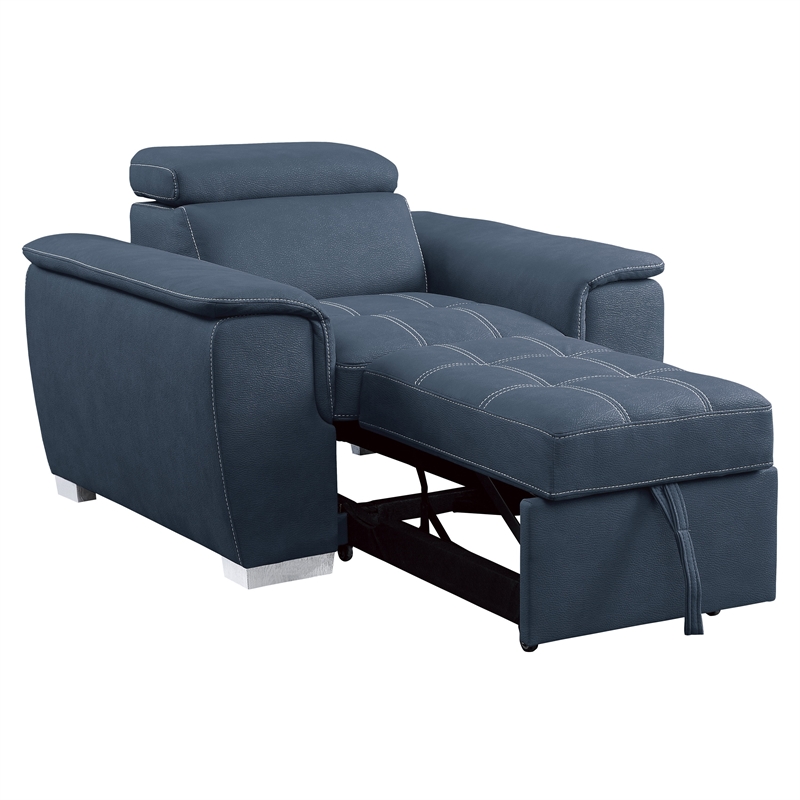 Rida 45 Inch Chair- Pull Out Ottoman- Adjustable Headrest- Solid Wood- Blue