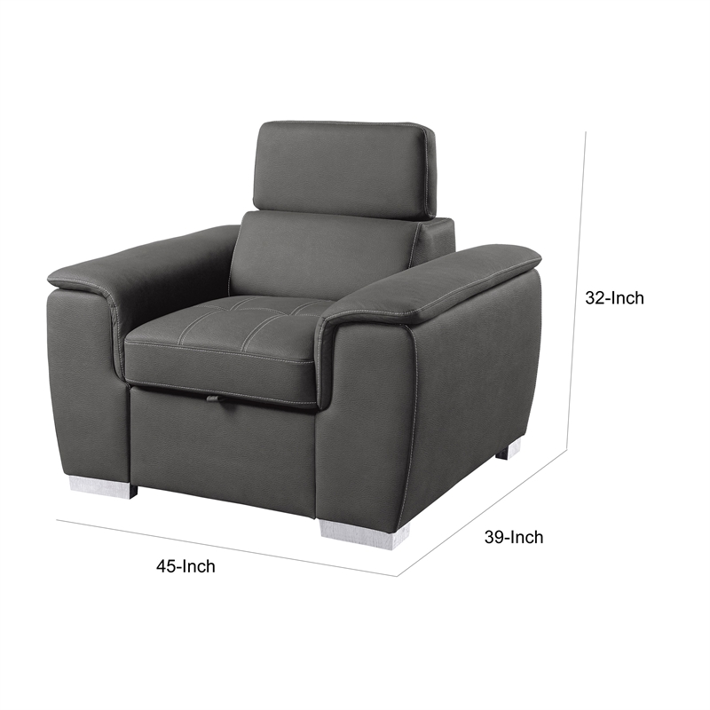 Rida 45 Inch Chair- Pull Out Ottoman- Adjustable Headrest- Solid Wood- Gray