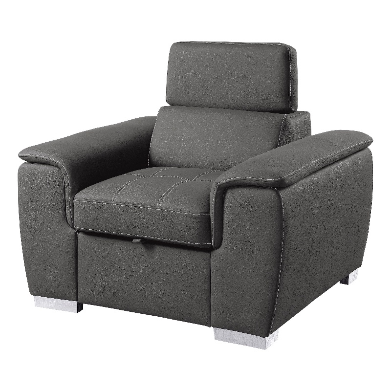 Rida 45 Inch Chair- Pull Out Ottoman- Adjustable Headrest- Solid Wood- Gray