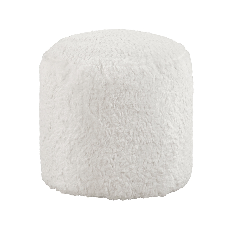 Modern Pouf Ottoman- 16 Inch Round w Fluffy Off White Faux Fur Texture