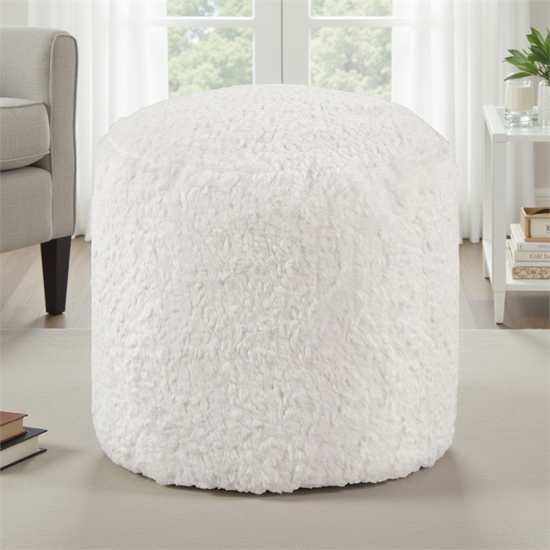 Modern Pouf Ottoman- 16 Inch Round w Fluffy Off White Faux Fur Texture