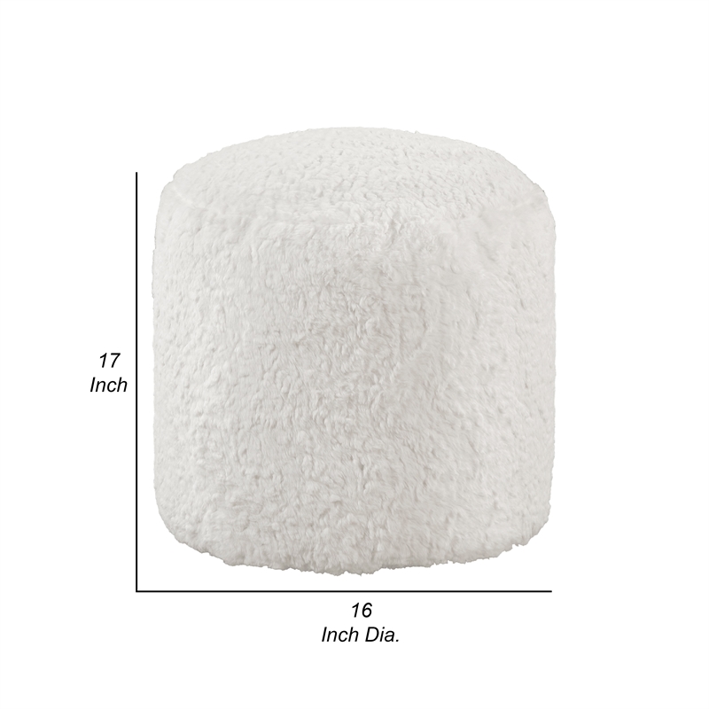 Modern Pouf Ottoman- 16 Inch Round w Fluffy Off White Faux Fur Texture