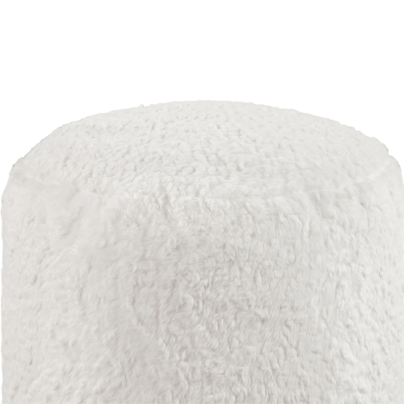 Modern Pouf Ottoman- 16 Inch Round w Fluffy Off White Faux Fur Texture