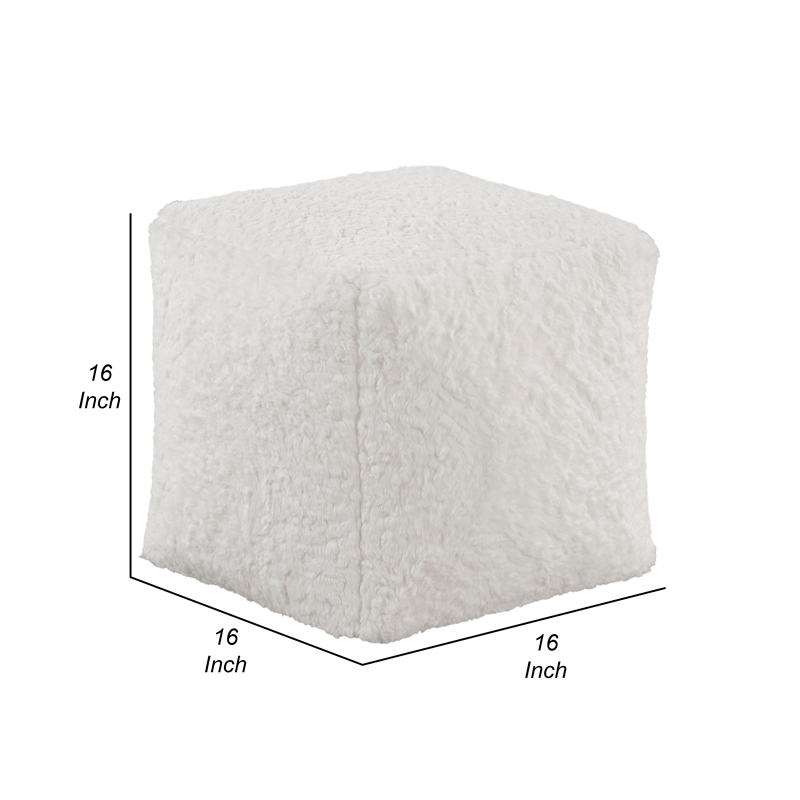 Modern Pouf Ottoman- Plush Off White Faux Fur Texture- 16 Inch Square