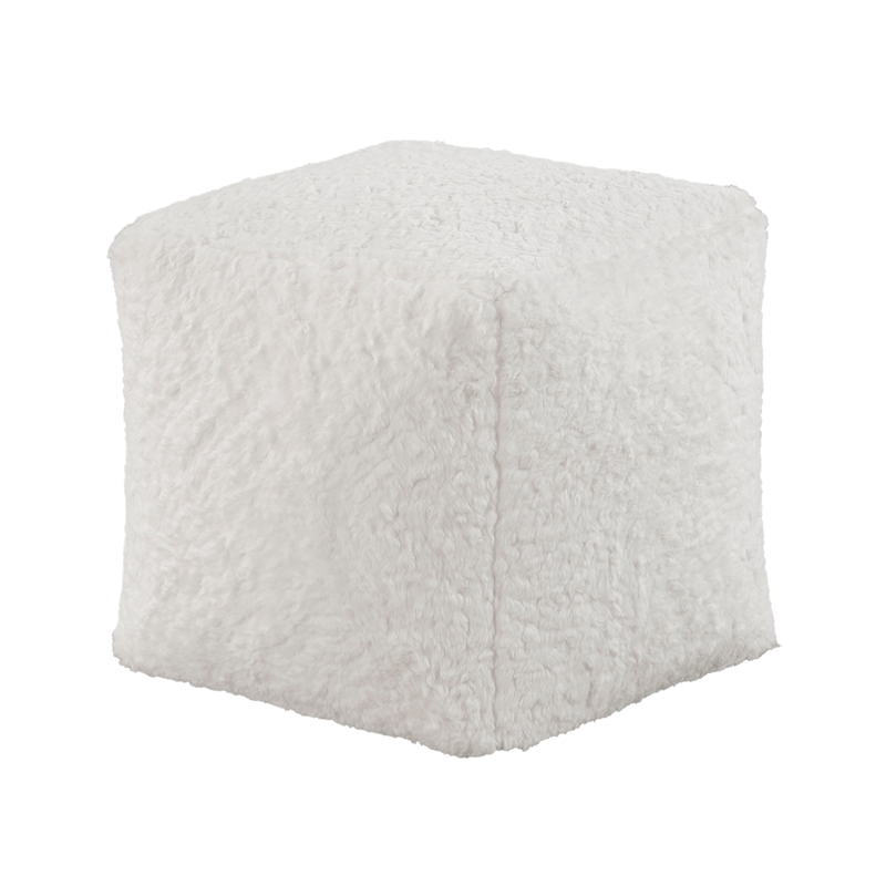 Modern Pouf Ottoman- Plush Off White Faux Fur Texture- 16 Inch Square