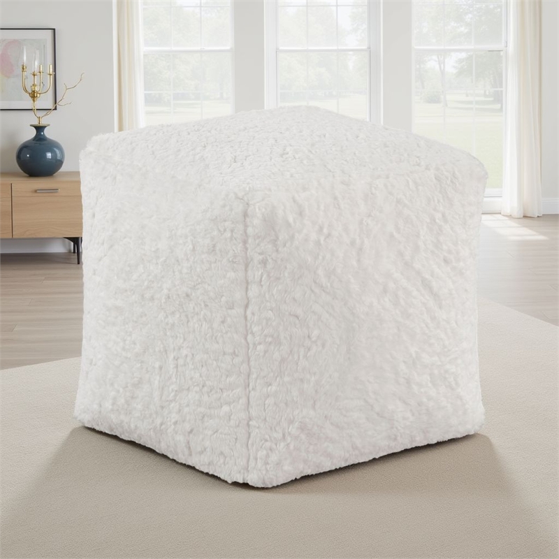 Modern Pouf Ottoman- Plush Off White Faux Fur Texture- 16 Inch Square