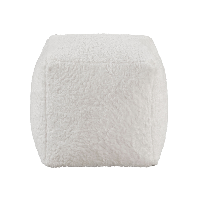 Modern Pouf Ottoman- Plush Off White Faux Fur Texture- 16 Inch Square