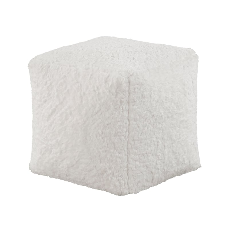 Modern Pouf Ottoman- Plush Off White Faux Fur Texture- 16 Inch Square