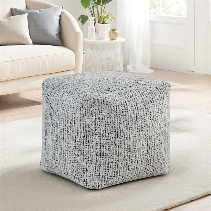 Modern Pouf Ottoman- Black White Textured Chenille- 16 Inch Square