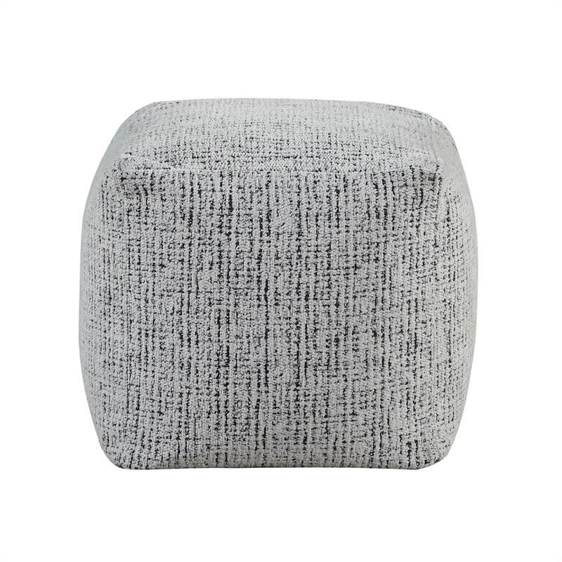 Modern Pouf Ottoman- Black White Textured Chenille- 16 Inch Square