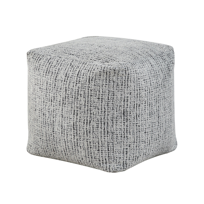 Modern Pouf Ottoman- Black White Textured Chenille- 16 Inch Square