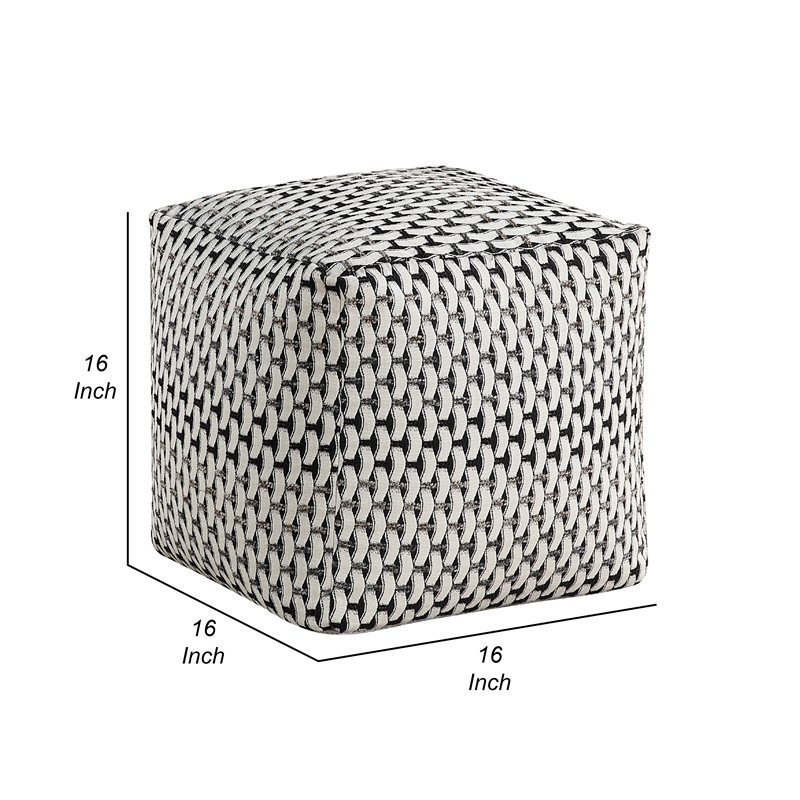 Modern Pouf Ottoman- Black White Basket Woven Jacquard- 16 Inch Square