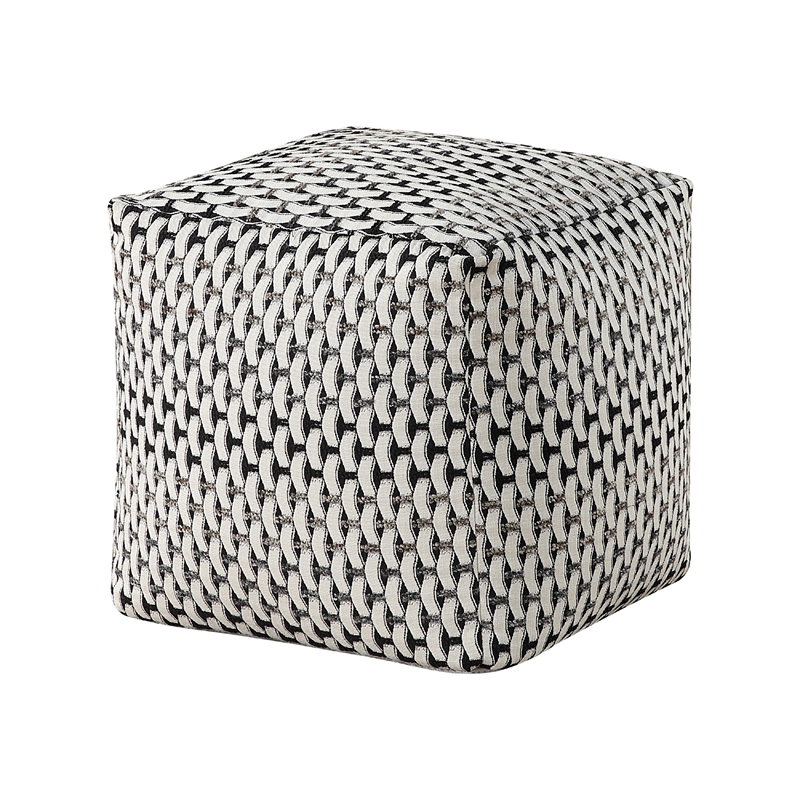 Modern Pouf Ottoman- Black White Basket Woven Jacquard- 16 Inch Square