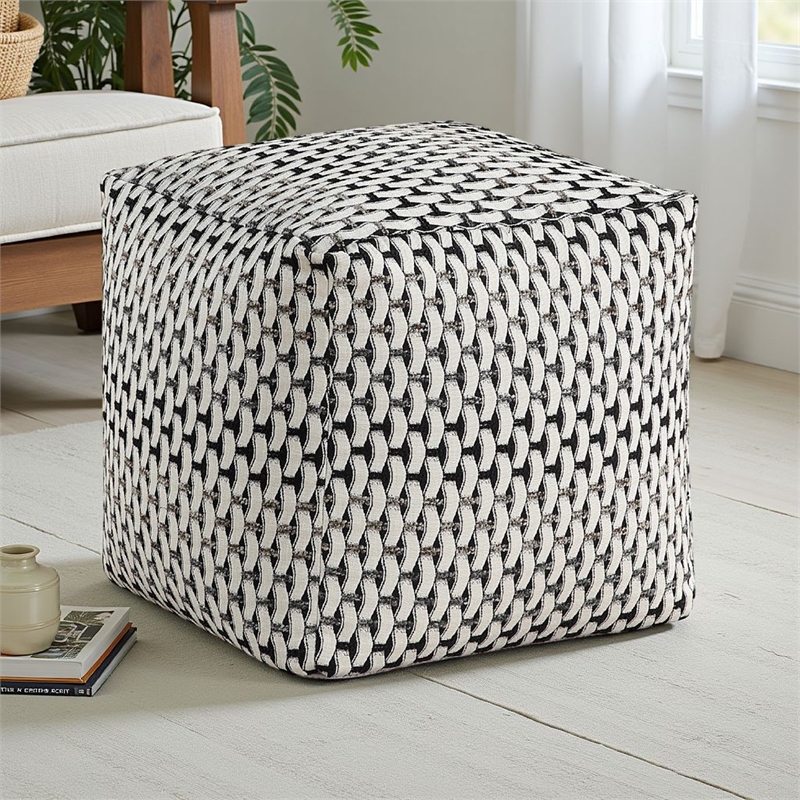 Modern Pouf Ottoman- Black White Basket Woven Jacquard- 16 Inch Square