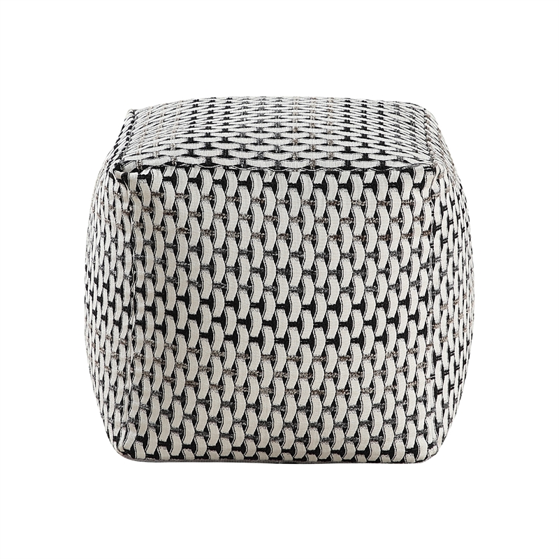 Modern Pouf Ottoman- Black White Basket Woven Jacquard- 16 Inch Square