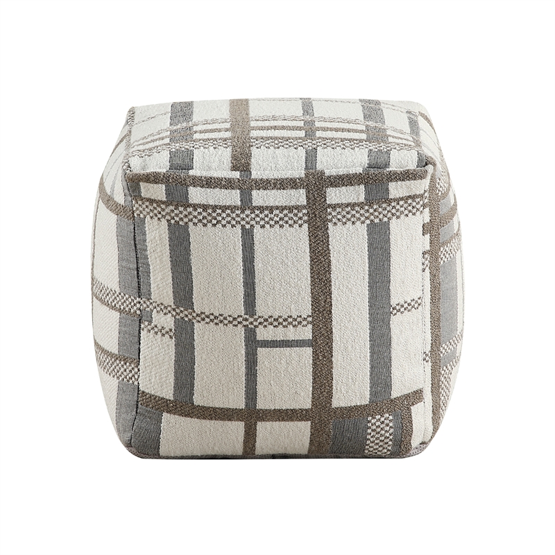 Modern Pouf Ottoman- Beige Gray Chunky Plaid Jacquard- 16 Inch Square