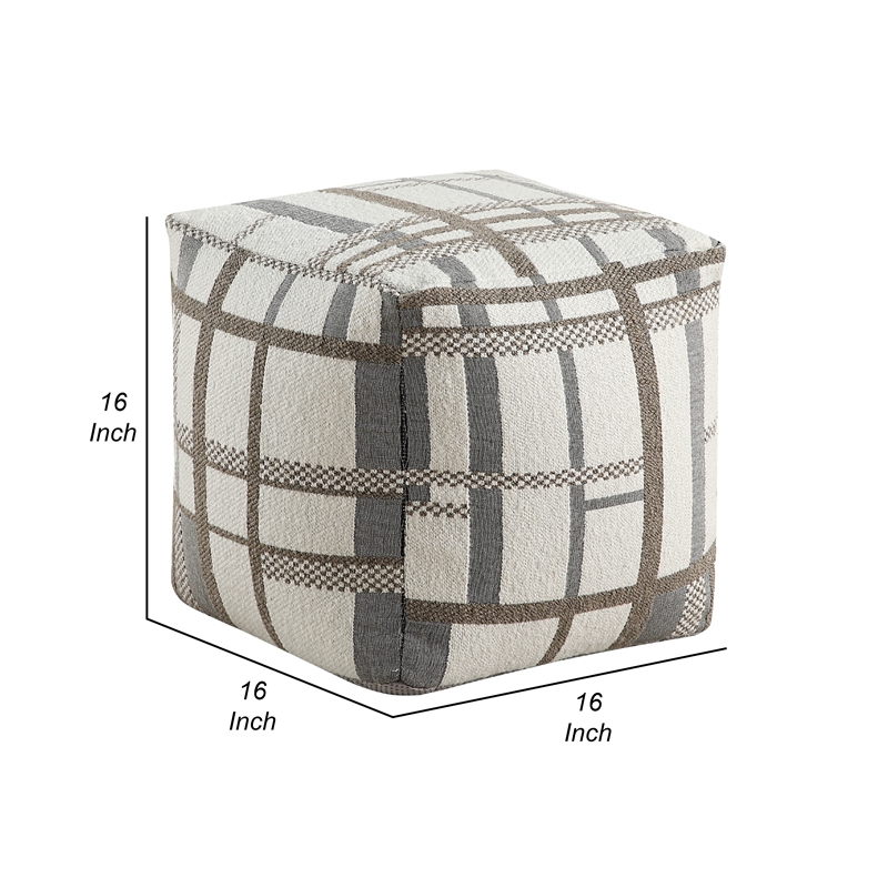 Modern Pouf Ottoman- Beige Gray Chunky Plaid Jacquard- 16 Inch Square