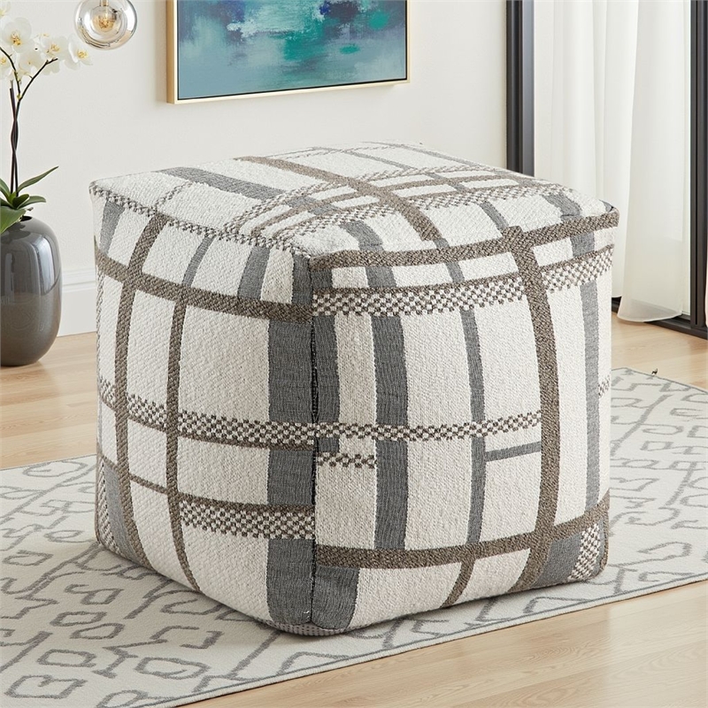 Modern Pouf Ottoman- Beige Gray Chunky Plaid Jacquard- 16 Inch Square