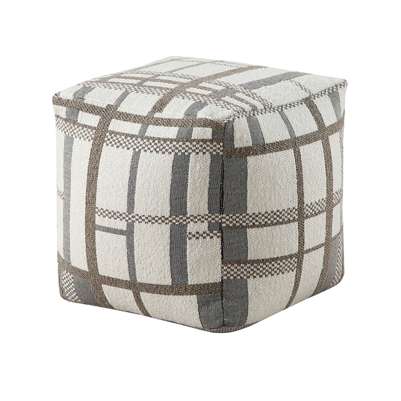Modern Pouf Ottoman- Beige Gray Chunky Plaid Jacquard- 16 Inch Square