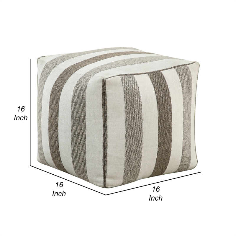 Modern Pouf Ottoman- White and Taupe Striped Jacquard- 16 Inch Square