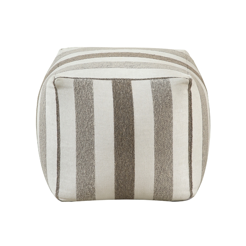 Modern Pouf Ottoman- White and Taupe Striped Jacquard- 16 Inch Square
