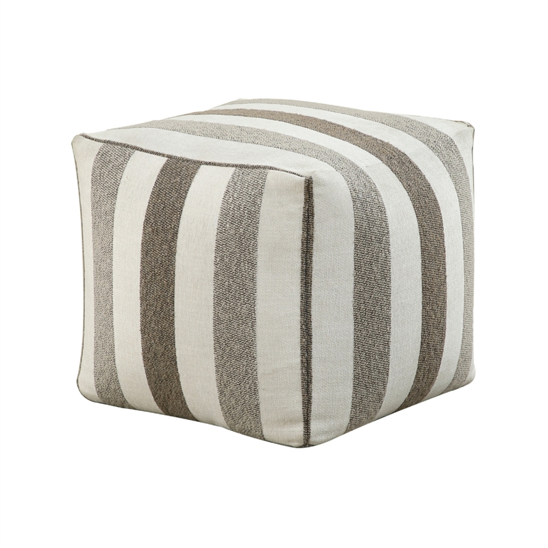 Modern Pouf Ottoman- White and Taupe Striped Jacquard- 16 Inch Square