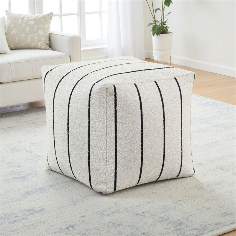 Modern Pouf Ottoman- White Black Striped Jacquard- 16 Inch Square