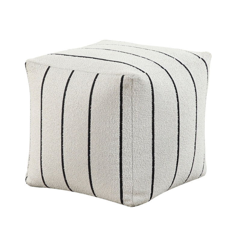 Modern Pouf Ottoman- White Black Striped Jacquard- 16 Inch Square